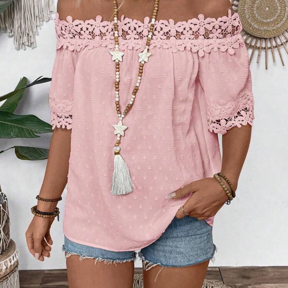 Pink Lace Off-Shoulder Top - Picture 2 of 6